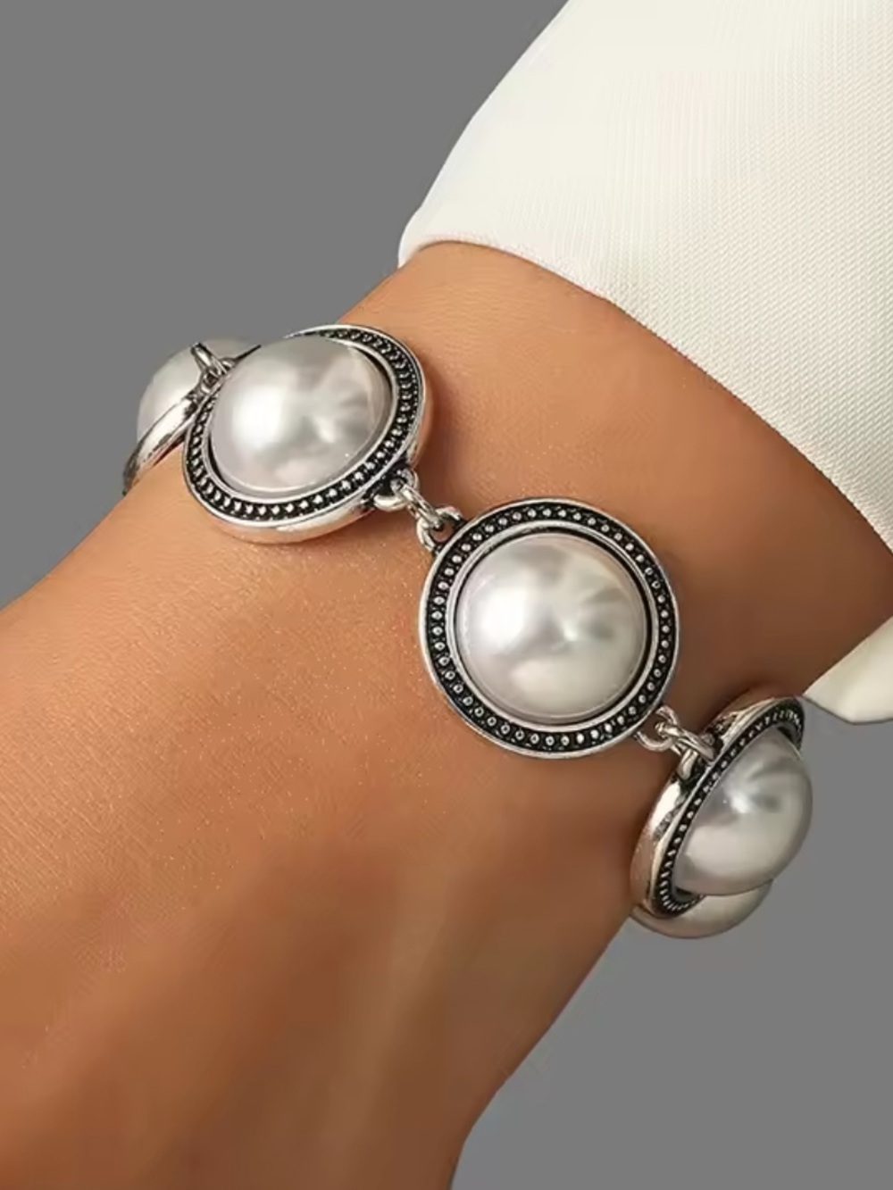 Anthropologie Silver Tone Bracelet with White Pearl Cabochons